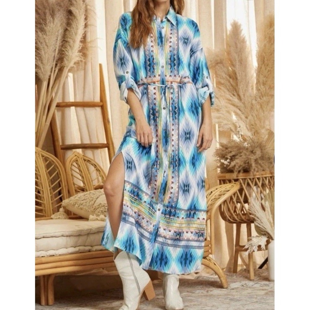 Savanna Jane Curaçao Button Down Maxi Dress Women's Large Embroidered Aztec Boho